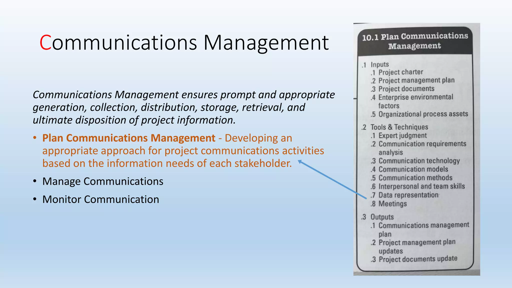 Communications Management
Communications Management ensures prompt and appropriate
generation, collection, distribution, storage, retrieval, and
ultimate disposition of project information.
• Plan Communications Management - Developing an
appropriate approach for project communications activities
based on the information needs of each stakeholder.
• Manage Communications
• Monitor Communication
 