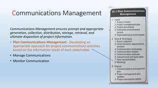 Communications Management
Communications Management ensures prompt and appropriate
generation, collection, distribution, storage, retrieval, and
ultimate disposition of project information.
• Plan Communications Management - Developing an
appropriate approach for project communications activities
based on the information needs of each stakeholder.
• Manage Communications
• Monitor Communication
 