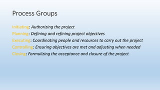 Process Groups
Initiating: Authorizing the project
Planning: Defining and refining project objectives
Executing: Coordinating people and resources to carry out the project
Controlling: Ensuring objectives are met and adjusting when needed
Closing: Formulizing the acceptance and closure of the project
 