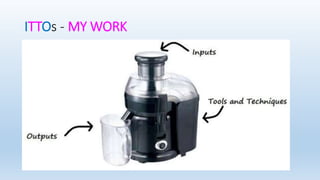 ITTOs - MY WORK
Inputs: Any item, whether internal or external to the project that is required
by a process before that process proceeds.
Tools and Techniques: Mechanisms applied to the inputs to create the
outputs.
Tools - Something tangible, such as a template or software program,
used in performing an activity to produce a product or result.
Techniques - A defined systematic procedure employed by a human
resource to perform an activity to produce a product or result or
deliver a service
Outputs: A product, result, or service generated by a process.
 