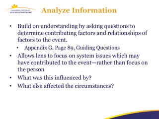 Analyze Information

•   Build on understanding by asking questions to
    determine contributing factors and relationships of
    factors to the event.
    •   Appendix G, Page 89, Guiding Questions
•   Allows lens to focus on system issues which may
    have contributed to the event—rather than focus on
    the person
•   What was this influenced by?
•   What else affected the circumstances?
 