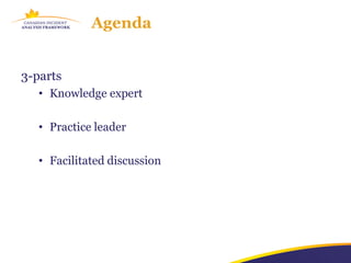 Agenda


3-parts
   • Knowledge expert

   • Practice leader

   • Facilitated discussion
 