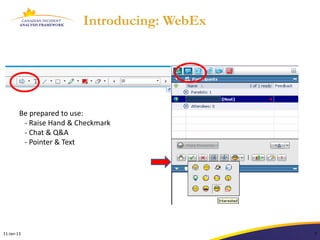 Introducing: WebEx




        Be prepared to use:
         - Raise Hand & Checkmark
         - Chat & Q&A
         - Pointer & Text




                                    7
11-Jan-13                                     7
 