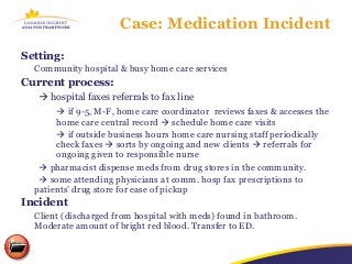 Case: Medication Incident
Setting:
  Community hospital & busy home care services
Current process:
    hospital faxes referrals to fax line
        if 9-5, M-F, home care coordinator reviews faxes & accesses the
       home care central record  schedule home care visits
        if outside business hours home care nursing staff periodically
       check faxes  sorts by ongoing and new clients  referrals for
       ongoing given to responsible nurse
    pharmacist dispense meds from drug stores in the community.
    some attending physicians at comm. hosp fax prescriptions to
  patients’ drug store for ease of pickup
Incident
  Client (discharged from hospital with meds) found in bathroom.
  Moderate amount of bright red blood. Transfer to ED.
 