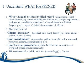 I. Understand WHAT HAPPENED:

 1.   We reviewed the client’s medical record: (assessments; client
      characteristics (e.g. co-morbidities), medications and changes; equipment;
      professional consultation; process(es) of care delivery (e.g. history,
      frequency and purpose of visits); circumstances of fall; etc.
 2. We interviewed:
 - Clients (and family): (recollection of event, factors (e.g. environment –
      photos taken), services)
 - Case coordinators: (organization, policies, care plan; roles, workload,
      resources, training, communication, etc.)
 - Direct service providers (nurses, health care aides): (roles,
      workload, scheduling, resources, etc.)
 3.   We constructed a brief timeline (chronology) of event
 