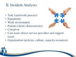 II. Incident Analysis

• Task (care/work process)
• Equipment
• Work environment
• Patient (client) characteristics
• Caregiver
• Care team (direct service providers and support
  team)
• Organization (policies, culture, capacity-resources)
 