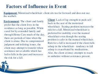 Factors of Influence in Event
Equipment: Motorized wheelchair: client sits too far forward and does not use
the seatbelt.
                                        Client: Lack of leg strength to push self
Environment: The client and family
                                        back in the seat of the motorized
 prefer that the client lives in the
                                        wheelchair. Seating position increases the
 residence as long as possible. While
                                        risk for a fall. Motorized wheelchair is
 cared for by extended family and
                                        preferred for mobility over the manual
 through Home Care much of the day,
                                        wheelchair even though the seating
 there are periods of time when the
                                        position is safer in the manual wheelchair.
 client is alone. Due to compromised
                                        Risk for a fall is increased if the client falls
 judgment and toileting issues, the
                                        asleep in the wheelchair - tendency to fall
 client may attempt to transfer when
                                        asleep is exacerbated by medications.
 assistance not available which has
                                        Also, the client at times attempts to reach
 led to falls in the past and increases
                                        or ambulate without assistance present.
 the risk for a fall.
 