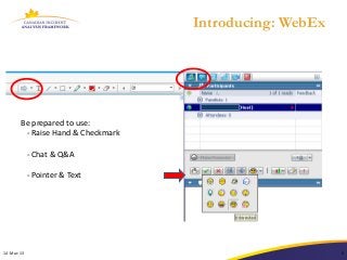 Introducing: WebEx




       Be prepared to use:
        - Raise Hand & Checkmark

            - Chat & Q&A

            - Pointer & Text




                                   6
14-Mar-13                                                   6
 