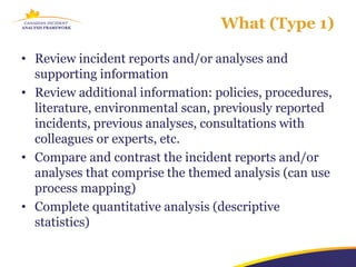 What (Type 1)

• Review incident reports and/or analyses and
  supporting information
• Review additional information: policies, procedures,
  literature, environmental scan, previously reported
  incidents, previous analyses, consultations with
  colleagues or experts, etc.
• Compare and contrast the incident reports and/or
  analyses that comprise the themed analysis (can use
  process mapping)
• Complete quantitative analysis (descriptive
  statistics)
 
