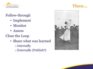 Then...

Follow-through
   • Implement
   • Monitor
   • Assess
Close the Loop
   • Share what was learned
     o Internally
     o Externally (Publish?)
 
