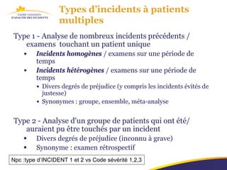 Types d’incidents à patients
                  multiples
Type 1 - Analyse de nombreux incidents précédents /
   examens touchant un patient unique
    •    Incidents homogènes / examens sur une période de
         temps
    •    Incidents hétérogènes / examens sur une période de
         temps
         • Divers degrés de préjudice (y compris les incidents évités de
           justesse)
         • Synonymes ​: groupe, ensemble, méta-analyse


Type 2 - Analyse d'un groupe de patients qui ont été/
   auraient pu être touchés par un incident
        Divers degrés de préjudice (inconnu à grave)
        Synonyme : examen rétrospectif
Npc :type d’INCIDENT 1 et 2 vs Code sévérité 1,2,3
 