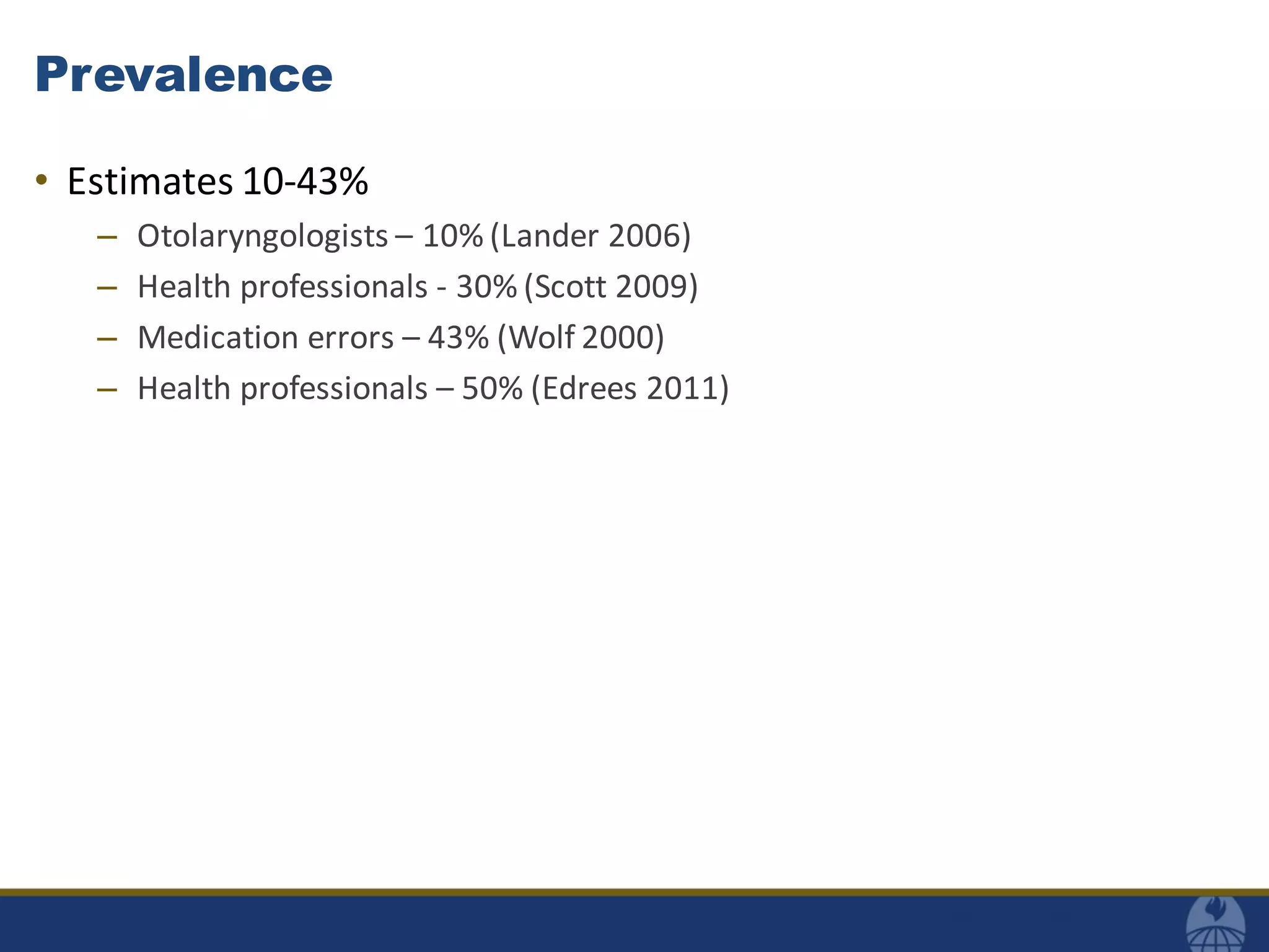 Prevalence
• Estimates 10-43%
– Otolaryngologists – 10% (Lander 2006)
– Health professionals - 30% (Scott 2009)
– Medication errors – 43% (Wolf 2000)
– Health professionals – 50% (Edrees 2011)
 