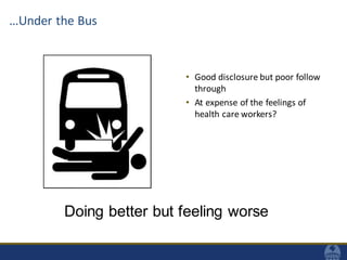 …Under the Bus
• Good disclosure but poor follow
through
• At expense of the feelings of
health care workers?
Doing better but feeling worse
 