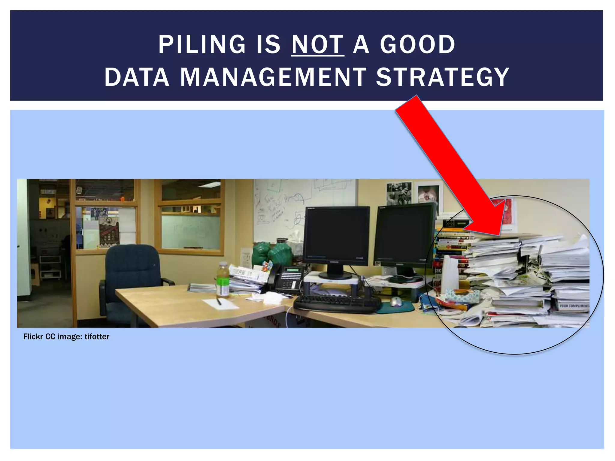 PILING IS NOT A GOOD 
DATA MANAGEMENT STRATEGY 
Flickr CC image: tifotter 
 