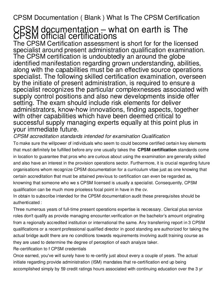 CPSM Documentation ( Blank ) What Is The CPSM Certification CPSM Documentation ( Blank ) What Is The CPSM Certification