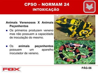Animais Venenosos X Animais
Peçonhentos
 Os primeiros produzem veneno
mas não possuem a capacidade
de inoculação do mesmo.
 Os animais peçonhentos
possuem um aparelho
inoculador de veneno.
CPSO – NORMAM 24
INTOXICAÇÃO
PÁG-56
 