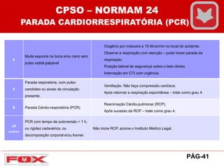 4
Muita espuma na boca e/ou nariz sem
pulso radial palpável
Oxigênio por máscara a 15 litros/min no local do acidente.
Observe a respiração com atenção – pode haver parada da
respiração.
Posição lateral de segurança sobre o lado direito.
Internação em CTI com urgência.
5
Parada respiratória, com pulso
carotídeo ou sinais de circulação
presente.
Ventilação. Não faça compressão cardíaca.
Após retornar a respiração espontânea – trate como grau 4
6 Parada Cárdio-respiratória (PCR)
Reanimação Cárdio-pulmonar (RCP).
Após sucesso da RCP – trate como grau 4.
Já
cadáver
PCR com tempo de submersão < 1 h,
ou rigidez cadavérica, ou
decomposição corporal e/ou livores
Não inicie RCP, acione o Instituto Médico Legal.
PÁG-41
CPSO – NORMAM 24
PARADA CARDIORRESPIRATÓRIA (PCR)
 