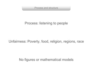 Process and structure
Process: listening to people
No figures or mathematical models
Unfairness: Poverty, food, religion, regions, race
 