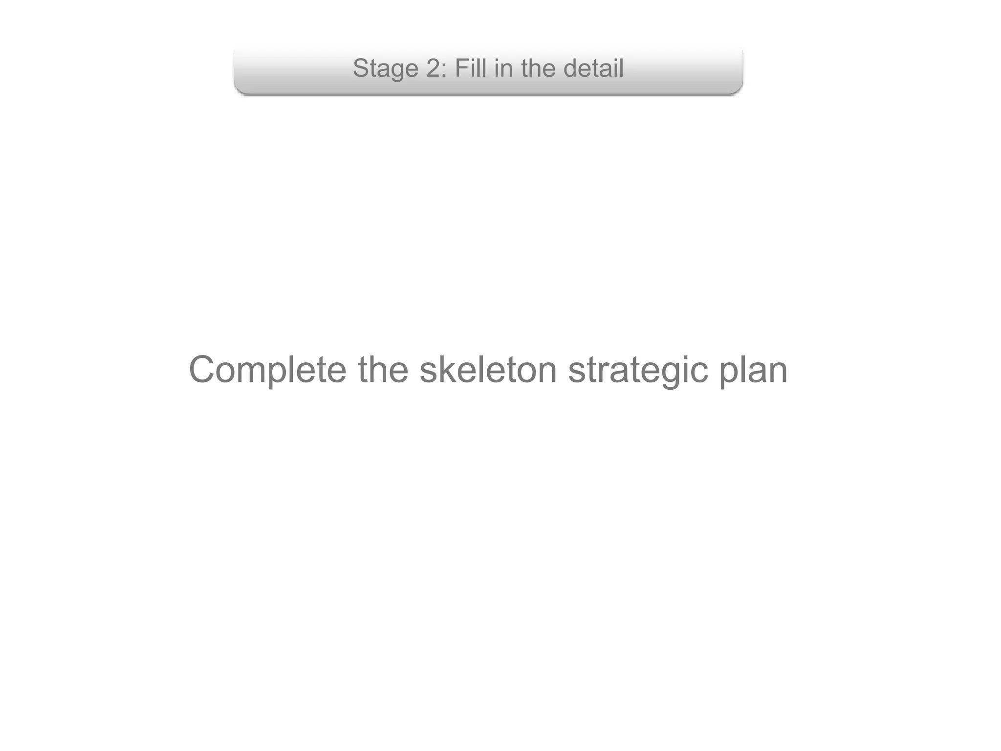 Complete the skeleton strategic plan
Stage 2: Fill in the detail
 