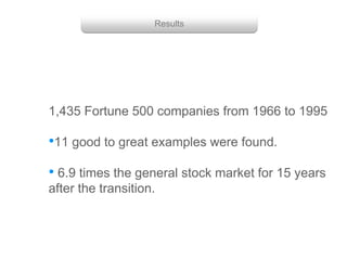 Group with enough power
Getting them to work together
1,435 Fortune 500 companies from 1966 to 1995
•11 good to great examples were found.
• 6.9 times the general stock market for 15 years
after the transition.
Results
 