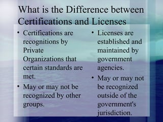 What is the Difference between
Certifications and Licenses
• Certifications are
recognitions by
Private
Organizations that
certain standards are
met.
• May or may not be
recognized by other
groups.
• Licenses are
established and
maintained by
government
agencies.
• May or may not
be recognized
outside of the
government's
jurisdiction.
 