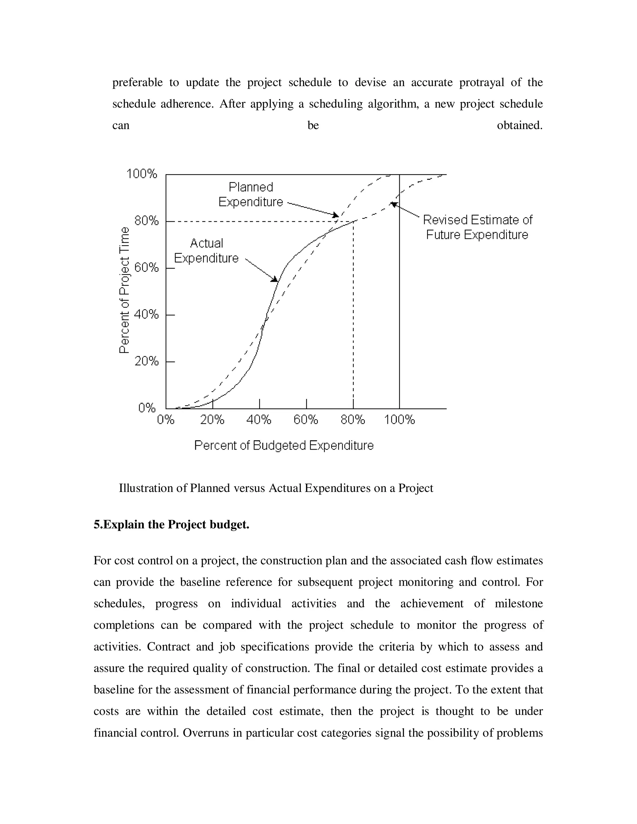 preferable to update the project schedule to devise an accurate protrayal of the
   schedule adherence. After applying a scheduling algorithm, a new project schedule
   can                                     be                                     obtained.




     Illustration of Planned versus Actual Expenditures on a Project

5.Explain the Project budget.

For cost control on a project, the construction plan and the associated cash flow estimates
can provide the baseline reference for subsequent project monitoring and control. For
schedules, progress on individual activities and the achievement of milestone
completions can be compared with the project schedule to monitor the progress of
activities. Contract and job specifications provide the criteria by which to assess and
assure the required quality of construction. The final or detailed cost estimate provides a
baseline for the assessment of financial performance during the project. To the extent that
costs are within the detailed cost estimate, then the project is thought to be under
financial control. Overruns in particular cost categories signal the possibility of problems
 
