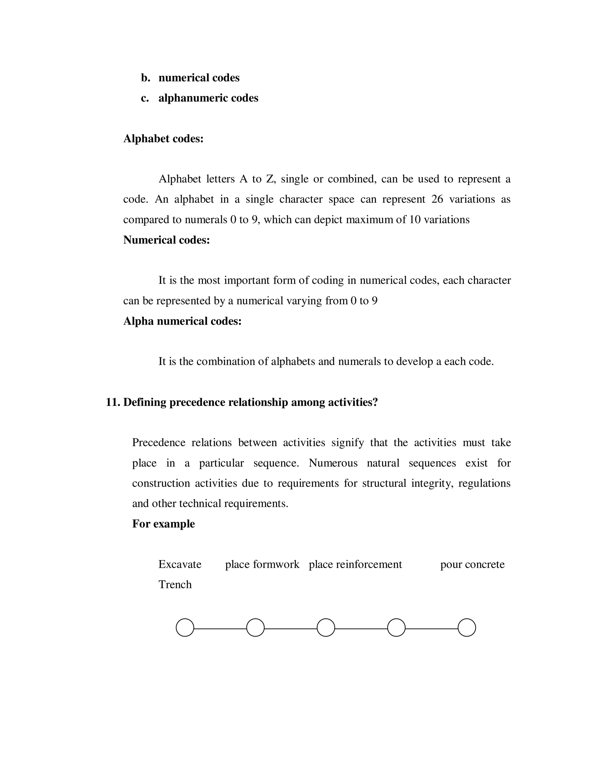 b. numerical codes
      c. alphanumeric codes


   Alphabet codes:


          Alphabet letters A to Z, single or combined, can be used to represent a
   code. An alphabet in a single character space can represent 26 variations as
   compared to numerals 0 to 9, which can depict maximum of 10 variations
   Numerical codes:


          It is the most important form of coding in numerical codes, each character
   can be represented by a numerical varying from 0 to 9
   Alpha numerical codes:


          It is the combination of alphabets and numerals to develop a each code.


11. Defining precedence relationship among activities?


     Precedence relations between activities signify that the activities must take
     place in a particular sequence. Numerous natural sequences exist for
     construction activities due to requirements for structural integrity, regulations
     and other technical requirements.
     For example


          Excavate      place formwork place reinforcement            pour concrete
          Trench
 