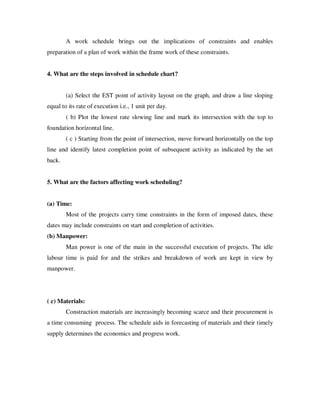 A work schedule brings out the implications of constraints and enables
preparation of a plan of work within the frame work of these constraints.


4. What are the steps involved in schedule chart?


        (a) Select the EST point of activity layout on the graph, and draw a line sloping
equal to its rate of execution i.e., 1 unit per day.
        ( b) Plot the lowest rate slowing line and mark its intersection with the top to
foundation horizontal line.
        ( c ) Starting from the point of intersection, move forward horizontally on the top
line and identify latest completion point of subsequent activity as indicated by the set
back.


5. What are the factors affecting work scheduling?


(a) Time:
        Most of the projects carry time constraints in the form of imposed dates, these
dates may include constraints on start and completion of activities.
(b) Manpower:
        Man power is one of the main in the successful execution of projects. The idle
labour time is paid for and the strikes and breakdown of work are kept in view by
manpower.




( c) Materials:
        Construction materials are increasingly becoming scarce and their procurement is
a time consuming process. The schedule aids in forecasting of materials and their timely
supply determines the economics and progress work.
 