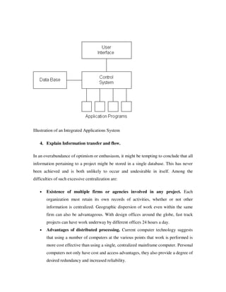 Illustration of an Integrated Applications System

   4. Explain Information transfer and flow.

In an overabundance of optimism or enthusiasm, it might be tempting to conclude that all
information pertaining to a project might be stored in a single database. This has never
been achieved and is both unlikely to occur and undesirable in itself. Among the
difficulties of such excessive centralization are:

   •   Existence of multiple firms or agencies involved in any project. Each
       organization must retain its own records of activities, whether or not other
       information is centralized. Geographic dispersion of work even within the same
       firm can also be advantageous. With design offices around the globe, fast track
       projects can have work underway by different offices 24 hours a day.
   •   Advantages of distributed processing. Current computer technology suggests
       that using a number of computers at the various points that work is performed is
       more cost effective than using a single, centralized mainframe computer. Personal
       computers not only have cost and access advantages, they also provide a degree of
       desired redundancy and increased reliability.
 