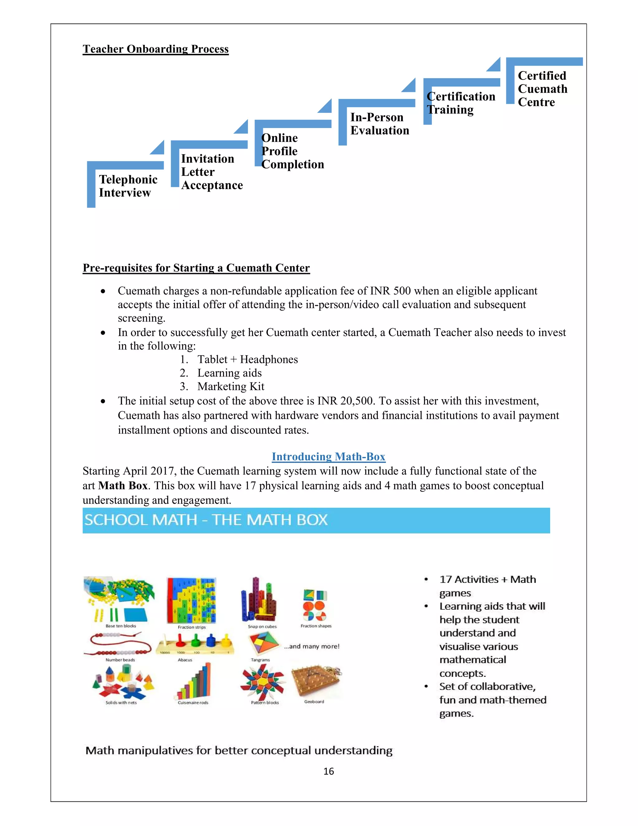 16
Teacher Onboarding Process
Pre-requisites for Starting a Cuemath Center
 Cuemath charges a non-refundable application fee of INR 500 when an eligible applicant
accepts the initial offer of attending the in-person/video call evaluation and subsequent
screening.
 In order to successfully get her Cuemath center started, a Cuemath Teacher also needs to invest
in the following:
1. Tablet + Headphones
2. Learning aids
3. Marketing Kit
 The initial setup cost of the above three is INR 20,500. To assist her with this investment,
Cuemath has also partnered with hardware vendors and financial institutions to avail payment
installment options and discounted rates.
Introducing Math-Box
Starting April 2017, the Cuemath learning system will now include a fully functional state of the
art Math Box. This box will have 17 physical learning aids and 4 math games to boost conceptual
understanding and engagement.
Telephonic
Interview
Invitation
Letter
Acceptance
Online
Profile
Completion
In-Person
Evaluation
Certification
Training
Certified
Cuemath
Centre
 