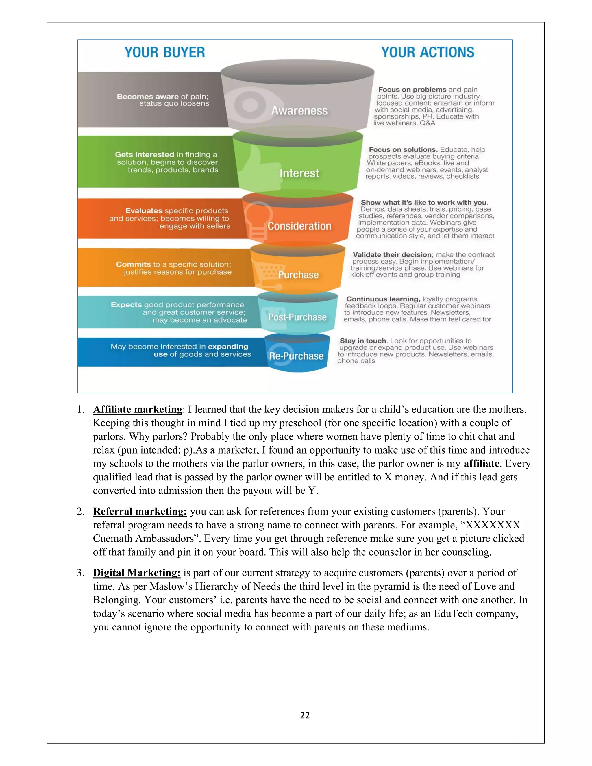 22
1. Affiliate marketing: I learned that the key decision makers for a child’s education are the mothers.
Keeping this thought in mind I tied up my preschool (for one specific location) with a couple of
parlors. Why parlors? Probably the only place where women have plenty of time to chit chat and
relax (pun intended: p).As a marketer, I found an opportunity to make use of this time and introduce
my schools to the mothers via the parlor owners, in this case, the parlor owner is my affiliate. Every
qualified lead that is passed by the parlor owner will be entitled to X money. And if this lead gets
converted into admission then the payout will be Y.
2. Referral marketing: you can ask for references from your existing customers (parents). Your
referral program needs to have a strong name to connect with parents. For example, “XXXXXXX
Cuemath Ambassadors”. Every time you get through reference make sure you get a picture clicked
off that family and pin it on your board. This will also help the counselor in her counseling.
3. Digital Marketing: is part of our current strategy to acquire customers (parents) over a period of
time. As per Maslow’s Hierarchy of Needs the third level in the pyramid is the need of Love and
Belonging. Your customers’ i.e. parents have the need to be social and connect with one another. In
today’s scenario where social media has become a part of our daily life; as an EduTech company,
you cannot ignore the opportunity to connect with parents on these mediums.
 