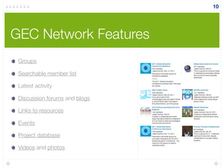 GEC Network Features
Groups
Searchable member list
Latest activity
Discussion forums and blogs
Links to resources
Events
Project database
Videos and photos
10
 