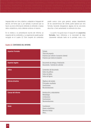 50
arketing y ventas marketing y ventas marketing y ventas marketing y ventas marketing y
eting y ventas marketing y ventas marketing y ventas marketing y ventas marketing y ven
g y ventas marketing y ventas marketing y ventas marketing y ventas marketing y venta
g y ventas marketing y ventas marketing y ventas marketing y ventas marketing y ventas
ventas marketing y ventas marketing y ventas marketing y ventas marketing y ventas m
n
a
s
m
lenguaje debe ser claro, objetivo y adaptado al lenguaje del
decisor, de forma que si, por ejemplo, la persona que va
hacer uso de la información obtenida no entiende o maneja
datos estadísticos, éstos deberán evitarse al máximo.
En lo relativo a la presentación escrita del informe, un
esquema de los contenidos y su organización puede quedar
recogido en el cuadro 12. Este conjunto de contenidos
puede usarse como guía general, aunque dependiendo
de las características del cliente, podrá optarse por otro
formato, haciendo desaparecer algunas de las secciones
descritas o bien aumentando la extensión de otras.
- La parte recogida bajo el epígrafe de aspectos
formales, hace referencia a la necesidad de dejar
claramente indicado tanto en la portada, como a lo
Cuadro 12: CONTENIDOS DEL INFORME
Aspectos Formales Portada
Título del proyecto
Empresa que solicita el proyecto (cliente)
Empresa que realiza el proyecto
Aspectos legales Documento de entrega y finalización
Documento / Contrato de solicitud
Índice Contenidos del documento
Índice de gráficos
Índice de tablas
Índice de figuras
Informe directivo Objetivos del estudio
Principales resultados
Conclusiones
Recomendaciones
Cuerpo del informe Introducción y antecedentes
Metodología
Limitaciones
Conclusiones
Recomendaciones
Anexo Cuestionario
Anexos estadísticos
Memoria trabajo
Otros...
 