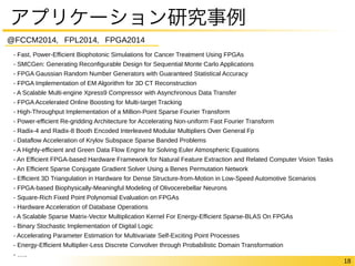 18 
アプリケーション研究事例 
@FCCM2014，FPL2014，FPGA2014 
- Fast, Power-Efficient Biophotonic Simulations for Cancer Treatment Using FPGAs 
- SMCGen: Generating Reconfigurable Design for Sequential Monte Carlo Applications 
- FPGA Gaussian Random Number Generators with Guaranteed Statistical Accuracy 
- FPGA Implementation of EM Algorithm for 3D CT Reconstruction 
- A Scalable Multi-engine Xpress9 Compressor with Asynchronous Data Transfer 
- FPGA Accelerated Online Boosting for Multi-target Tracking 
- High-Throughput Implementation of a Million-Point Sparse Fourier Transform 
- Power-efficient Re-gridding Architecture for Accelerating Non-uniform Fast Fourier Transform 
- Radix-4 and Radix-8 Booth Encoded Interleaved Modular Multipliers Over General Fp 
- Dataflow Acceleration of Krylov Subspace Sparse Banded Problems 
- A Highly-efficient and Green Data Flow Engine for Solving Euler Atmospheric Equations 
- An Efficient FPGA-based Hardware Framework for Natural Feature Extraction and Related Computer Vision Tasks 
- An Efficient Sparse Conjugate Gradient Solver Using a Benes Permutation Network 
- Efficient 3D Triangulation in Hardware for Dense Structure-from-Motion in Low-Speed Automotive Scenarios 
- FPGA-based Biophysically-Meaningful Modeling of Olivocerebellar Neurons 
- Square-Rich Fixed Point Polynomial Evaluation on FPGAs 
- Hardware Acceleration of Database Operations 
- A Scalable Sparse Matrix-Vector Multiplication Kernel For Energy-Efficient Sparse-BLAS On FPGAs 
- Binary Stochastic Implementation of Digital Logic 
- Accelerating Parameter Estimation for Multivariate Self-Exciting Point Processes 
- Energy-Efficient Multiplier-Less Discrete Convolver through Probabilistic Domain Transformation 
- ….. 
 