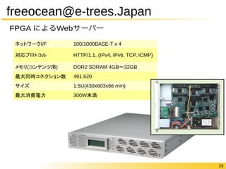 23 
freeocean@e-trees.Japan 
FPGA によるWebサーバー 
ネットワークI/F 100/1000BASE-T x 4 
対応プロトコルHTTP/1.1, (IPv4, IPv6, TCP, ICMP) 
メモリ(コンテンツ用) DDR2 SDRAM 4GB〜32GB 
最大同時コネクション数491,520 
サイズ1.5U(430x603x66 mm) 
最大消費電力300W未満 
 