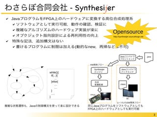 3 
わさらぼ合同会社 - Synthesijer 
✔ JavaプログラムをFPGA上のハードウェアに変換する高位合成処理系 
✔ ソフトウェアとして実行可能．動作の確認、検証に 
✔ 複雑なアルゴリズムのハードウェア実装が楽に 
✔ オブクジェクト指向設計による再利用性の向上 
✔　特殊な記法，追加構文はない 
Opensource 
http://synthesijer.sourceforge.net 
✔ 書けるプログラムに制限は加える(動的なnew，再帰などは不可) 
Javaコンパイラ 
フロントエンド 
HW開発フロー 
Synthesijer 
エンジン 
Javaコンパイラ 
バックエンド 
合成 
配置配線 
while(){ 
if(...){ 
… 
}else{ 
… 
… 
} 
…. 
} 
(いつもの)SW開発フロー 
複雑な状態遷移も，Javaの制御構文を使って楽に設計できる同じJavaプログラムをソフトウェアとしても 
FPGA上のハードウェアとしても実行可能 
 