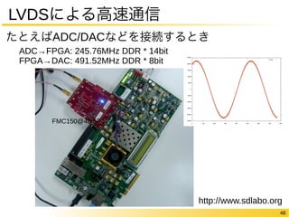 48 
LVDSによる高速通信 
たとえばADC/DACなどを接続するとき 
ADC→FPGA: 245.76MHz DDR * 14bit 
FPGA→DAC: 491.52MHz DDR * 8bit 
http://www.sdlabo.org 
FMC150@4DSP 
 
