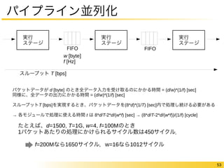 53 
パイプライン並列化 
FIFO 
w [byte] 
f [Hz] 
実行 
ステージ 
スループット T [bps] 
FIFO 
実行 
ステージ 
実行 
ステージ 
パケットデータが d [byte] のとき全データ入力を受け取るのにかかる時間 = (d/w)*(1/f) [sec] 
同様に、全データの出力にかかる時間 = (d/w)*(1/f) [sec] 
スループットT [bps]を実現するとき、パケットデータを(8*d)*(1/T) [sec]内で処理し続ける必要がある 
→ 各モジュールで処理に使える時間 t は 8*d/T-2*d/(w*f) [sec] → (8*d/T-2*d/(w*f))/(1/f) [cycle] 
　たとえば、d=1500, T=1G, w=4, f=100Mのとき 
　1パケットあたりの処理にかけられるサイクル数は450サイクル． 
　　　　f=200Mなら1650サイクル，w=16なら1012サイクル 
 