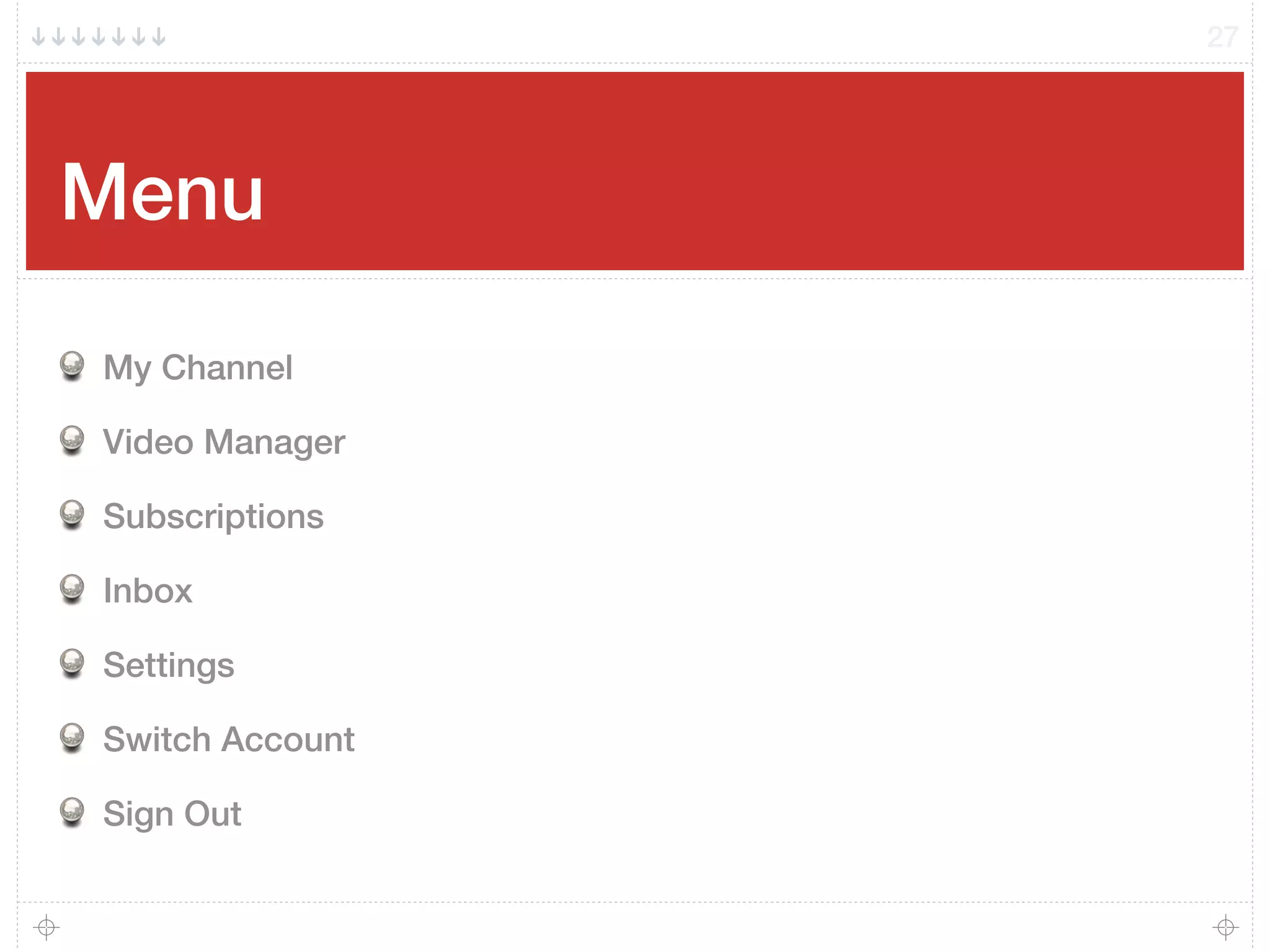 Menu
27
My Channel
Video Manager
Subscriptions
Inbox
Settings
Switch Account
Sign Out
 