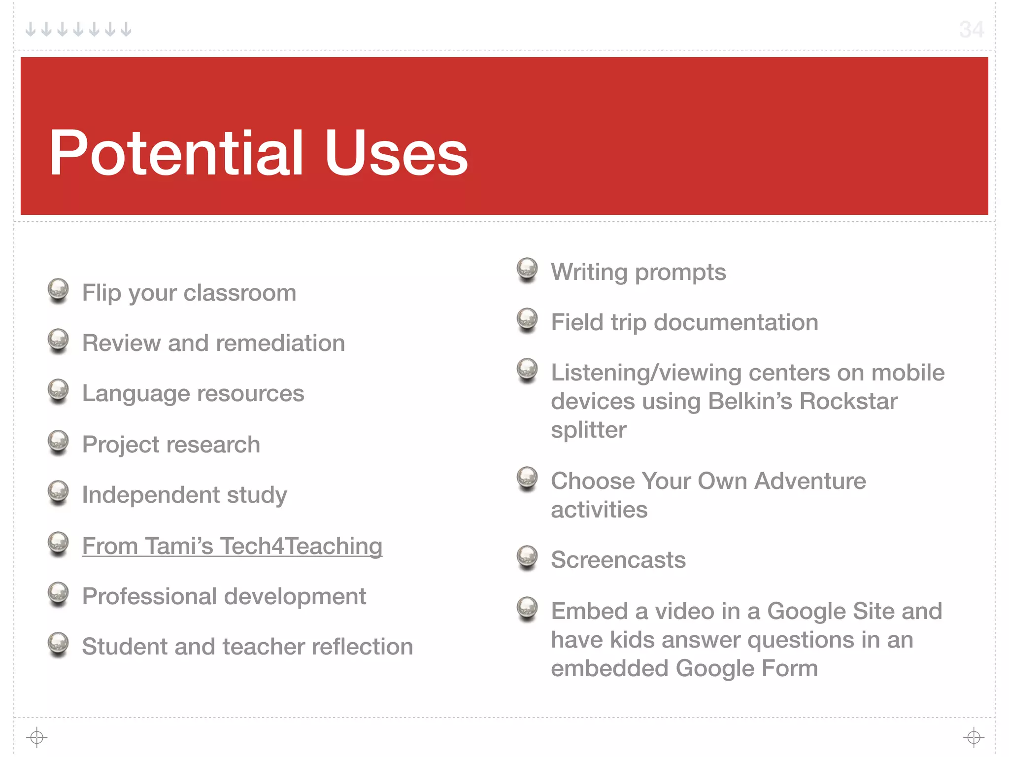 Potential Uses
34
Flip your classroom
Review and remediation
Language resources
Project research
Independent study
From Tami’s Tech4Teaching
Professional development
Student and teacher reﬂection
Writing prompts
Field trip documentation
Listening/viewing centers on mobile
devices using Belkin’s Rockstar
splitter
Choose Your Own Adventure
activities
Screencasts
Embed a video in a Google Site and
have kids answer questions in an
embedded Google Form
 