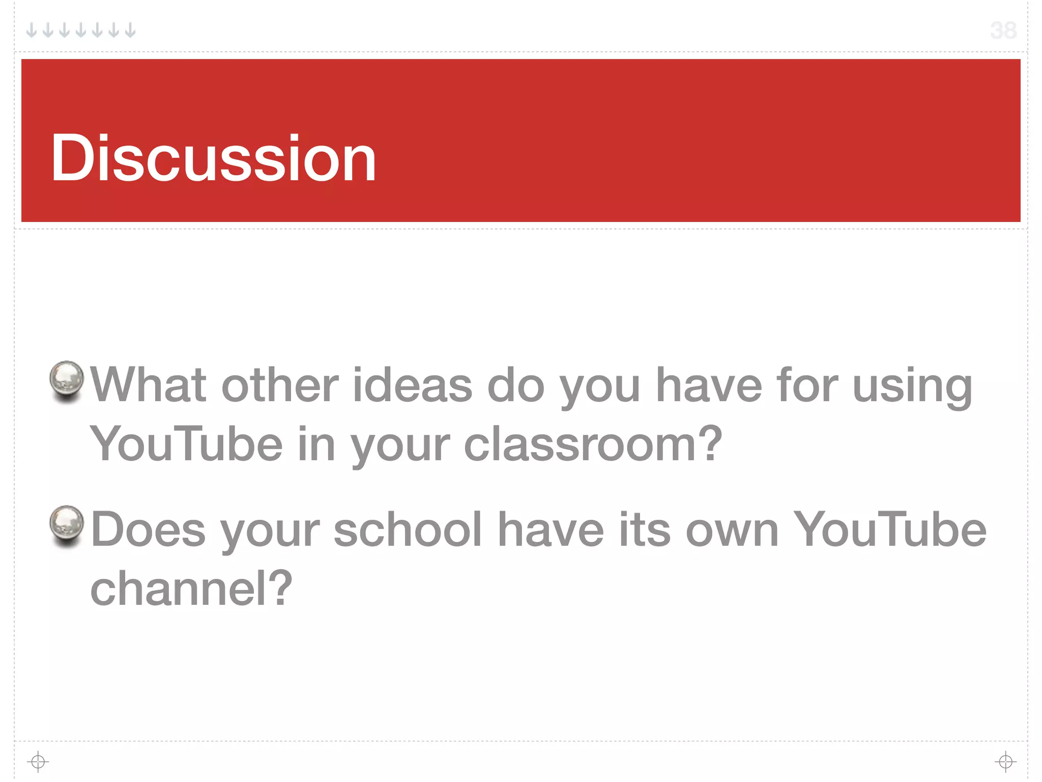 Discussion
What other ideas do you have for using
YouTube in your classroom?
Does your school have its own YouTube
channel?
38
 