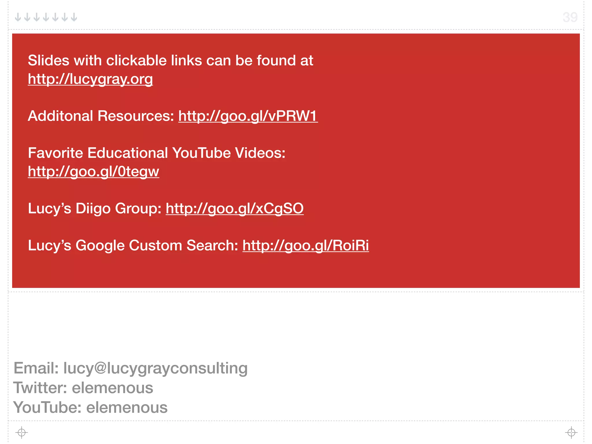 Slides with clickable links can be found at
http://lucygray.org
Additonal Resources: http://goo.gl/vPRW1
Favorite Educational YouTube Videos:
http://goo.gl/0tegw
Lucy’s Diigo Group: http://goo.gl/xCgSO
Lucy’s Google Custom Search: http://goo.gl/RoiRi
39
Email: lucy@lucygrayconsulting
Twitter: elemenous
YouTube: elemenous
 