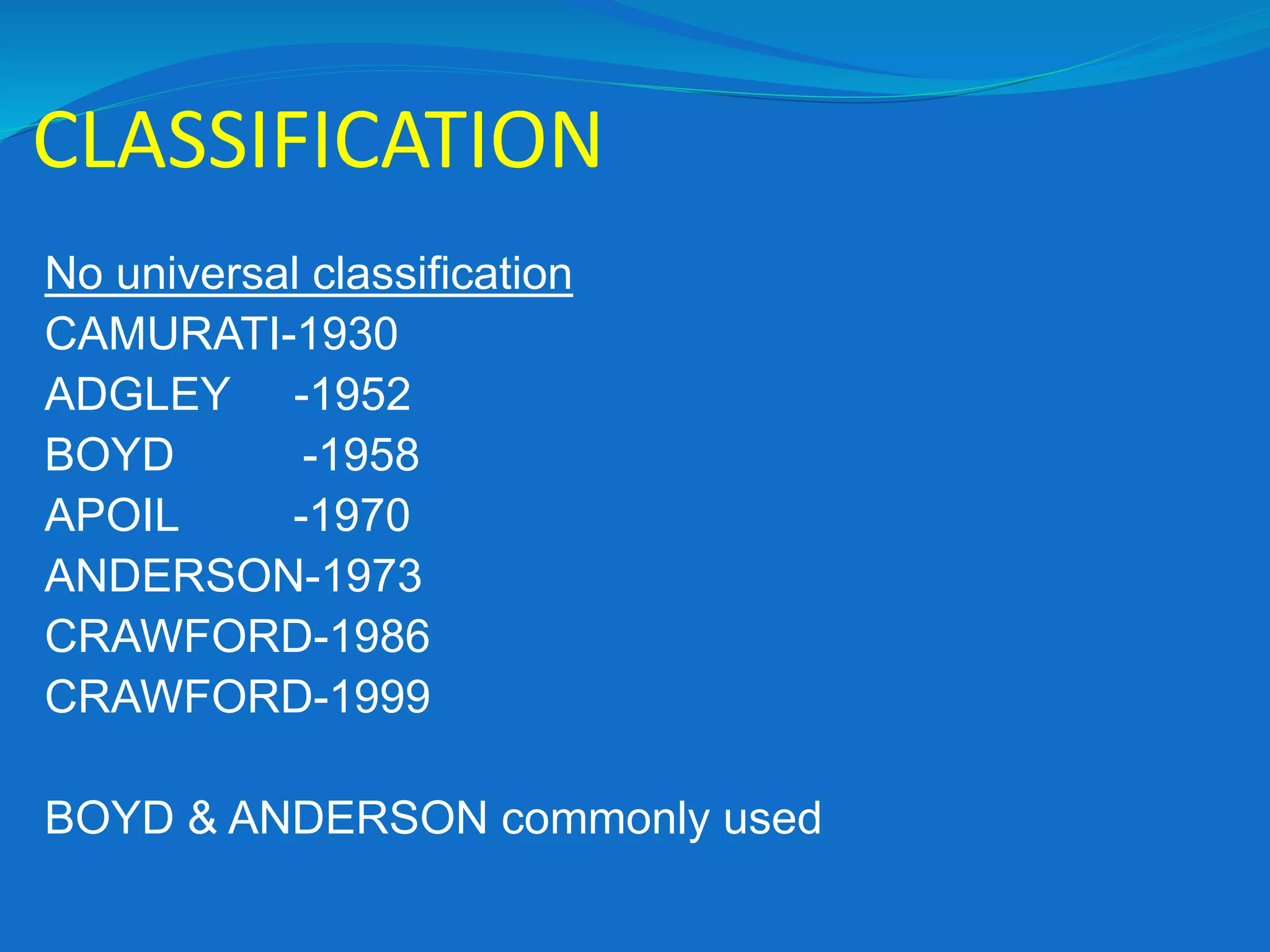 CLASSIFICATION
No universal classification
CAMURATI-1930
ADGLEY -1952
BOYD -1958
APOIL -1970
ANDERSON-1973
CRAWFORD-1986
CRAWFORD-1999
BOYD & ANDERSON commonly used
 