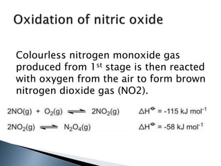 Colourless nitrogen monoxide gas
produced from 1st stage is then reacted
with oxygen from the air to form brown
nitrogen dioxide gas (NO2).
 
