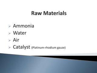  Ammonia
 Water
 Air
 Catalyst (Platinum-rhodium gauze)
 