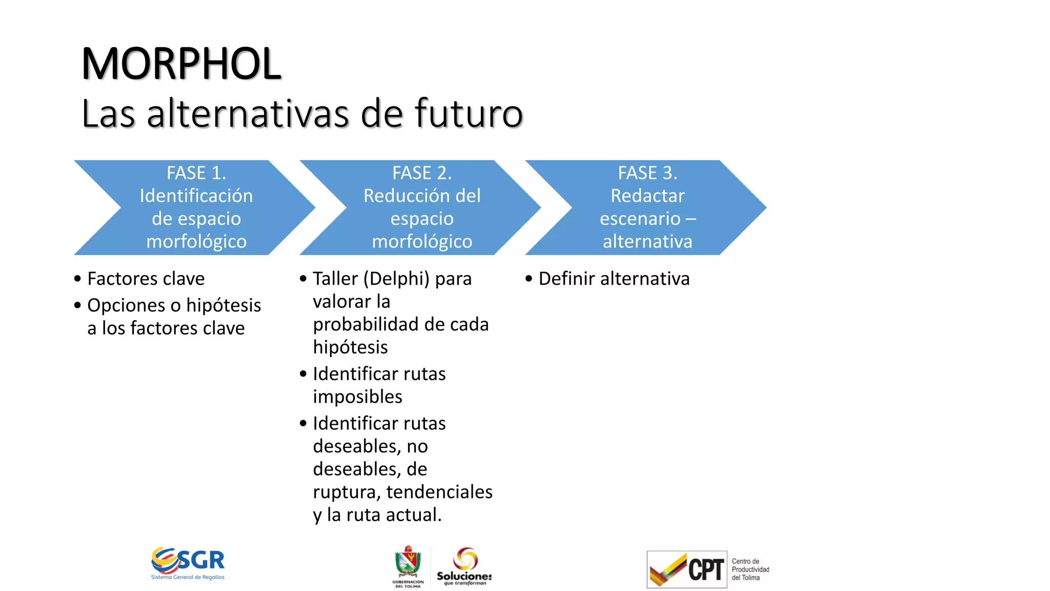 MORPHOL
Las alternativas de futuro
FASE 1.
Identificación
de espacio
morfológico
• Factores clave
• Opciones o hipótesis
a los factores clave
FASE 2.
Reducción del
espacio
morfológico
• Taller (Delphi) para
valorar la
probabilidad de cada
hipótesis
• Identificar rutas
imposibles
• Identificar rutas
deseables, no
deseables, de
ruptura, tendenciales
y la ruta actual.
FASE 3.
Redactar
escenario –
alternativa
• Definir alternativa
 