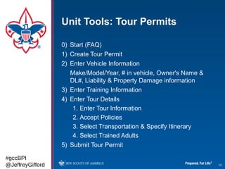 Unit Tools: Tour Permits

                  0) Start (FAQ)
                  1) Create Tour Permit
                  2) Enter Vehicle Information
                     Make/Model/Year, # in vehicle, Owner's Name &
                     DL#, Liability & Property Damage information
                  3) Enter Training Information
                  4) Enter Tour Details
                      1. Enter Tour Information
                      2. Accept Policies
                      3. Select Transportation & Specify Itinerary
                      4. Select Trained Adults
                  5) Submit Tour Permit

#gccBPI
@JeffreyGifford                                                      12
 