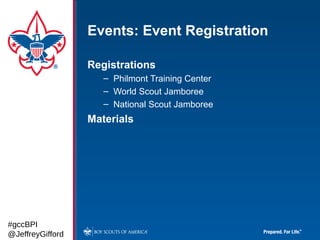 Events: Event Registration

                  Registrations
                     – Philmont Training Center
                     – World Scout Jamboree
                     – National Scout Jamboree
                  Materials




#gccBPI
@JeffreyGifford
 