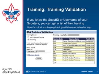 Training: Training Validation

                  If you know the ScoutID or Username of your
                  Scouters, you can get a list of their training
                  https://scoutnet.scouting.org/trainingvalidation/queryattendee.aspx




#gccBPI
@JeffreyGifford                                                                         6
 