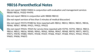 © Health Catalyst. Confidential and Proprietary.
98016 Parenthetical Notes
(Do not report 94002-94004 in conjunction with evaluation and management services
98000-98016, 99202-99499)
(Do not report 98016 in conjunction with 98000-98015)
(Do not report services of less than 5 minutes of medical discussion)
(Do not report 99374-99380 for time reported with 98012, 98013, 98014, 98015, 98016,
98966, 98967, 98968, 99421, 99422, 99423)
(Do not report 99424, 99425 for service time reported with 93792, 93793, 98012, 98013,
98014, 98015, 98016, 98960, 98961, 98962, 98966, 98967, 98968, 98970, 98971, 98972,
99071, 99078, 99080, 99091, 99358, 99359, 99366, 99367, 99368, 99421, 99422, 99423,
99605, 99606, 99607)
 